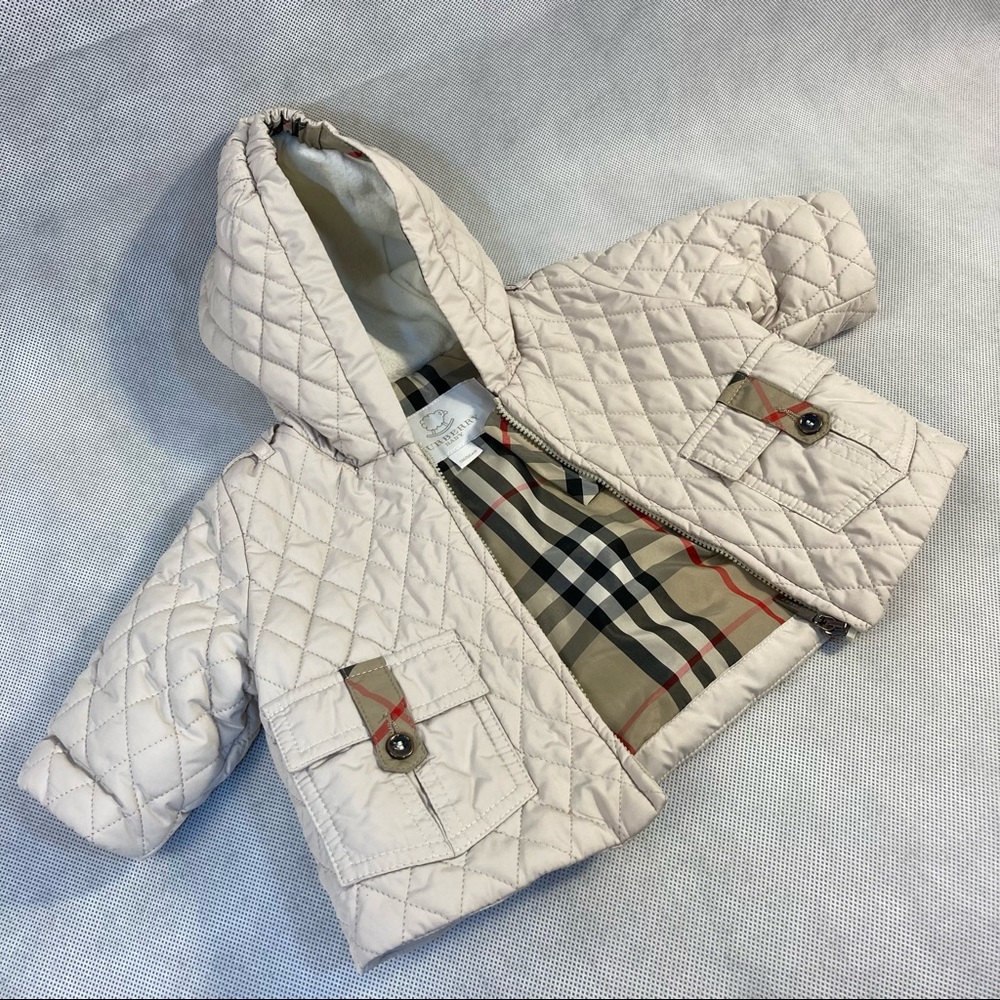 Burberry Baby Hooded Quilted Jacket Nova Check Elbow Patches Beige 1M 59cm